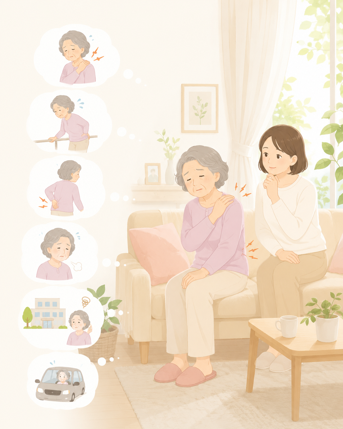 身体の不調や通院に悩む高齢者とご家族のイラスト